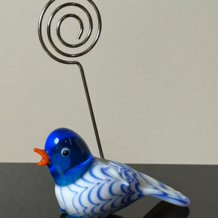 Art Glass Blue/White Bird Photo Holder, Recipe Holder