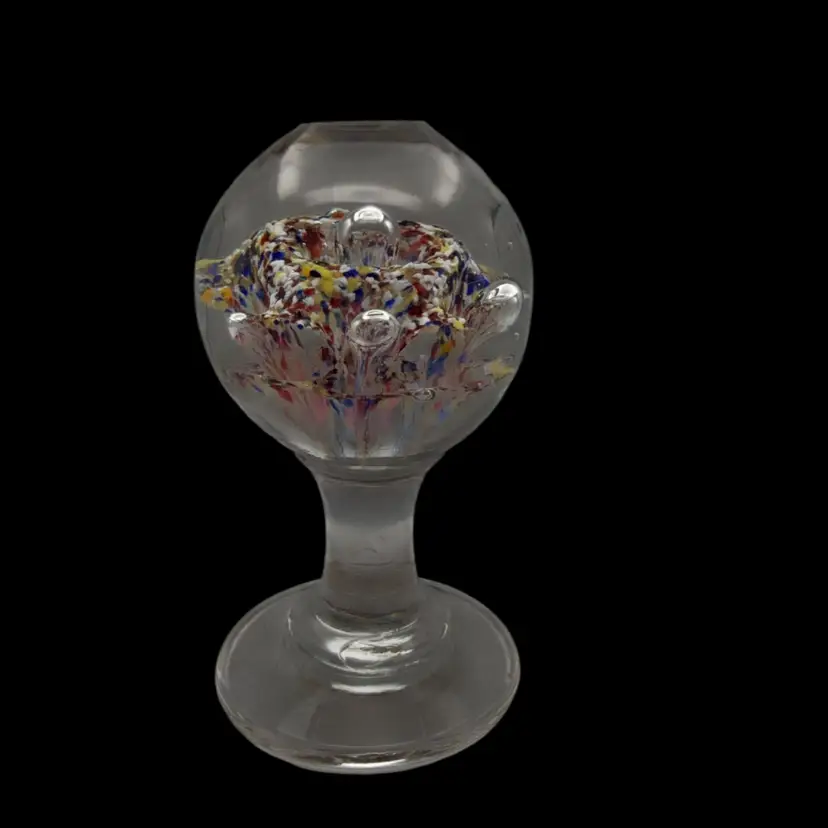 Antique Pedestal Paperweight Multi-color Confetti With A Double Layer Of Ice Pick Flowers - Unusual Design 5.5” Tall