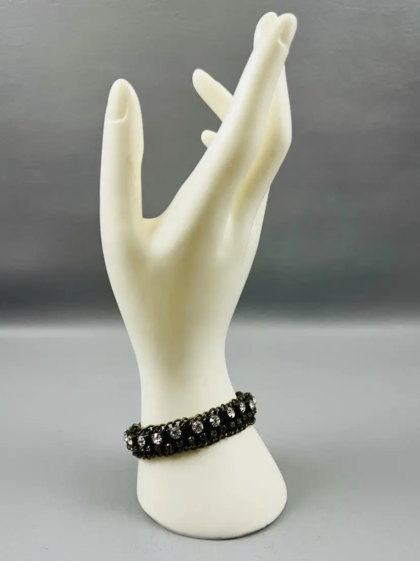 Abercrombie & Fitch A&F Rhinestone Chain Bracelet Bronze Black 7.5" Signed