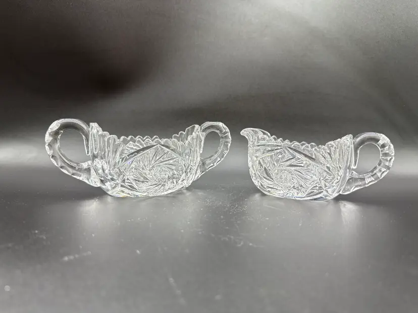 UV Reactive ABP American Brilliant Period Open Sugar & Creamer Set Hobstar Pinwheels Cut Glass