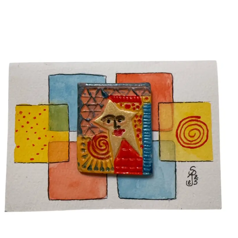 Original Watercolor Card With Handmade Pottery Star Brooch. Comes With Tissue And Box 5” X 3.5” Blank Inside