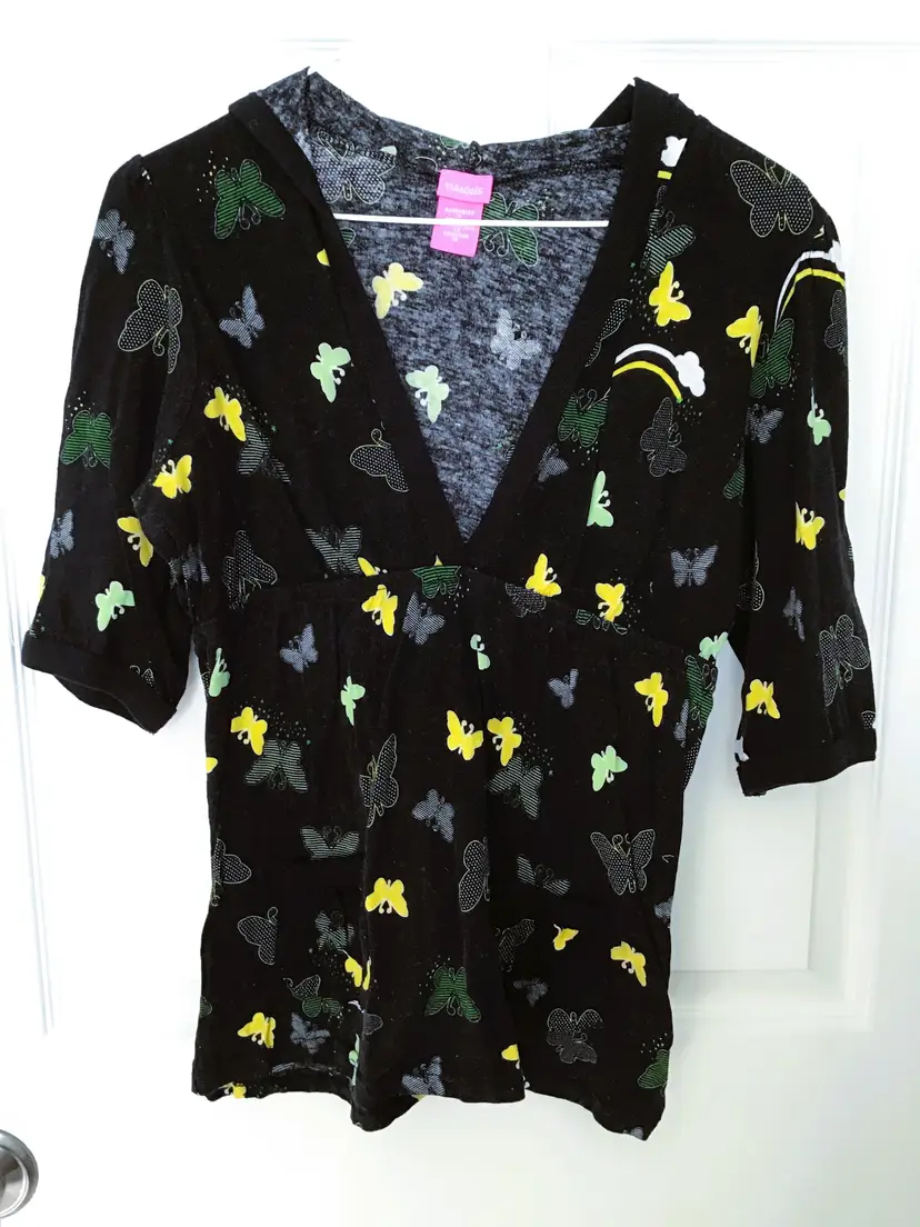 Angels Junior Y2K V Neck Black w Multi Color Butterflies Hooded w Pockets M