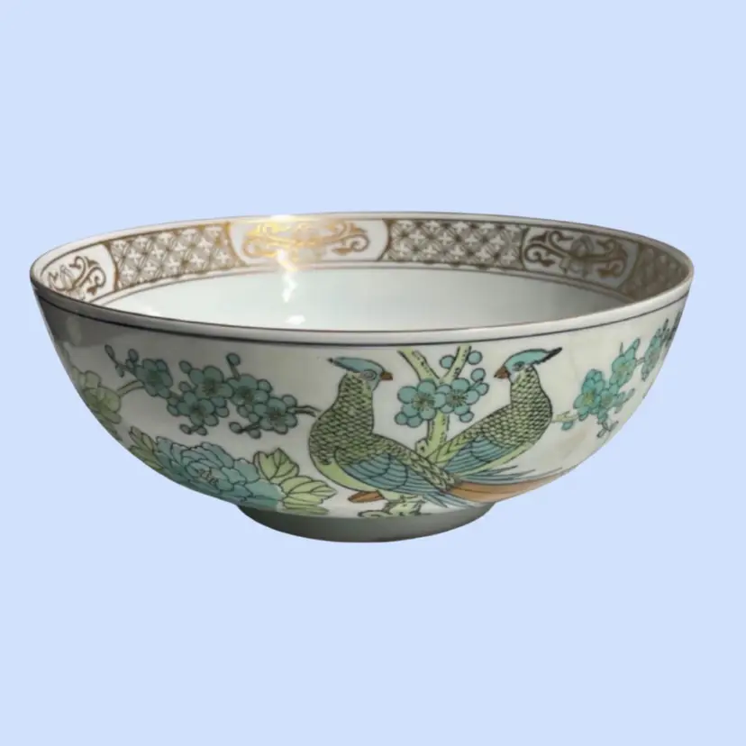 #409E- Vintage Gold Imari Bowl  Pheasants Pedestal Base Japanese Hand-Painted Porcelain Green and Blue Flower motifs