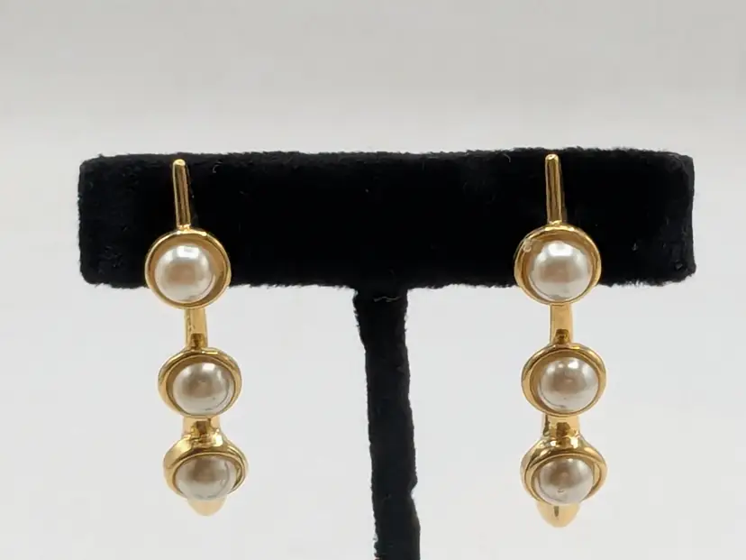 Vintage Gold Tone Triple Faux Pearl Bar Drop Pierced Earrings NOS