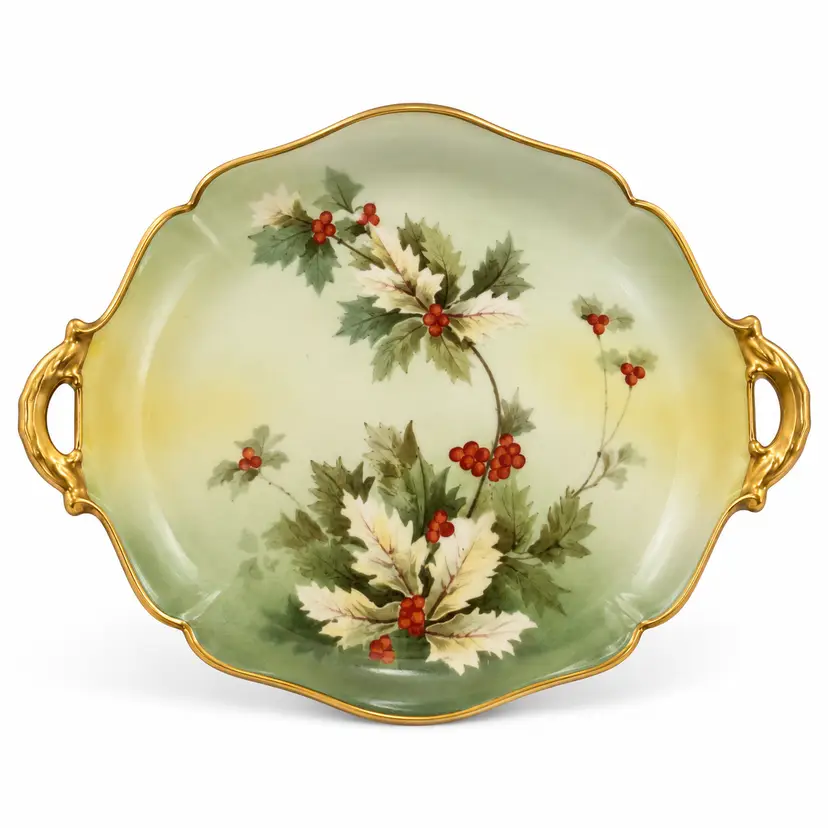 Antique Wm. Guérin Limoges Holly & Berry Handled Cake Plate