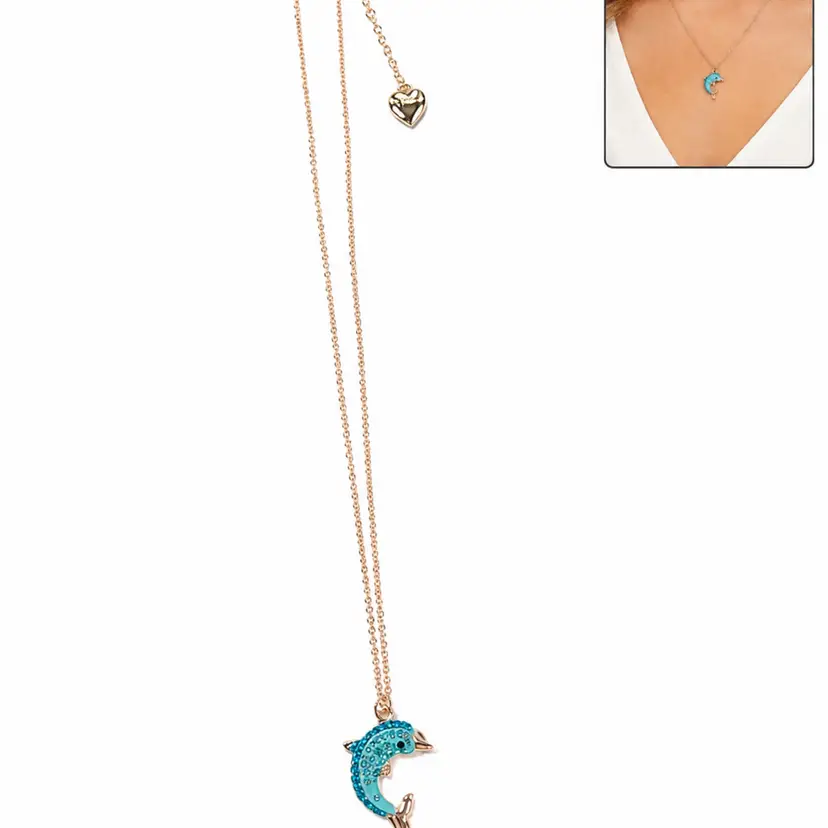 Betsey Johnson Blue Dolphin Bling Gold Necklace 20 Inches Extender Cute Gift