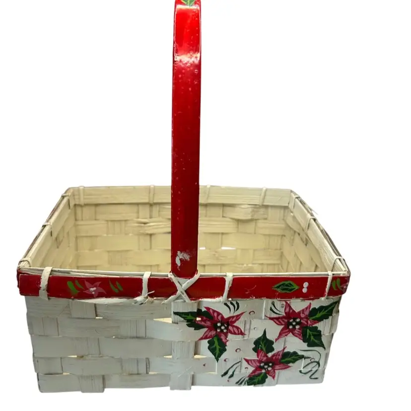 Vintage Hand Painted Woven Basket Featuring Red Poinsettia Design 
@11x8 1/2x5 1/2
