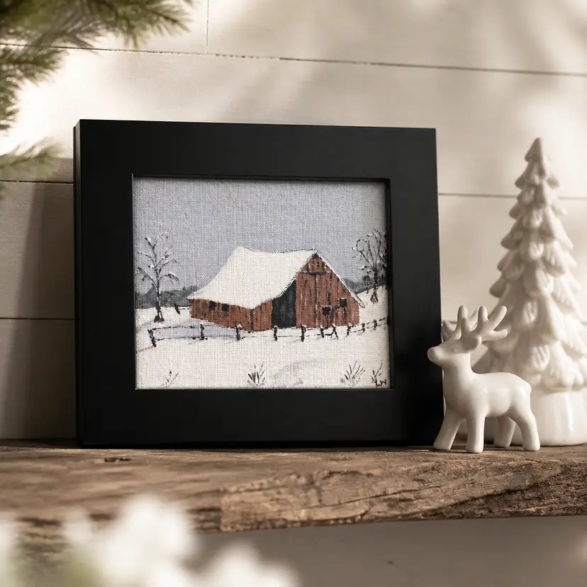 Framed Miniature Winter Landscape Painting w/ Snow Topped Barn, 6.5" x 5.5"