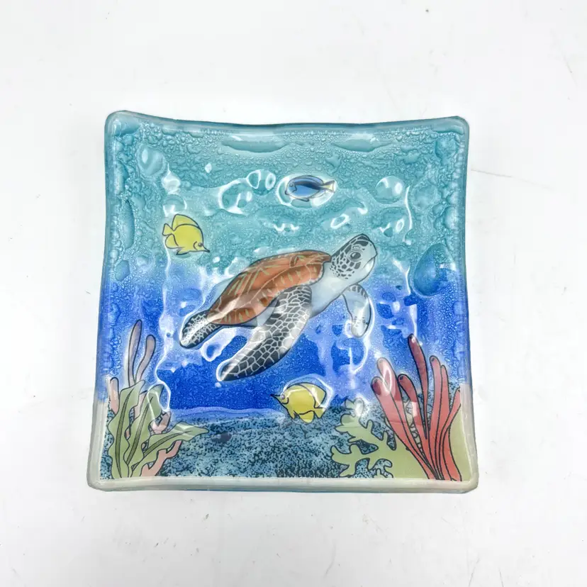 Handmade Fused Art Glass Sea Turtle Square Mini Plate Decorative Dish Ring Dish