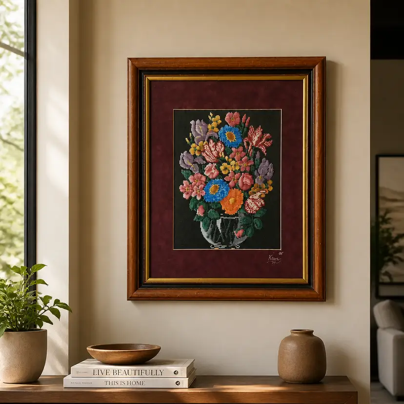1995 Framed & Matted Floral Needlepoint of a Vibrant Bouquet, 21.5" x 17.5"