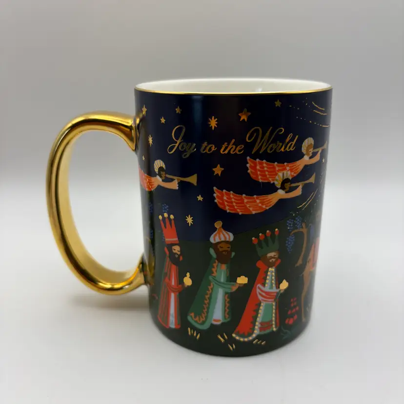 Rifle Paper Co Nativity Scene Porcelain Mug Gold Christmas Holiday Coffee EUC