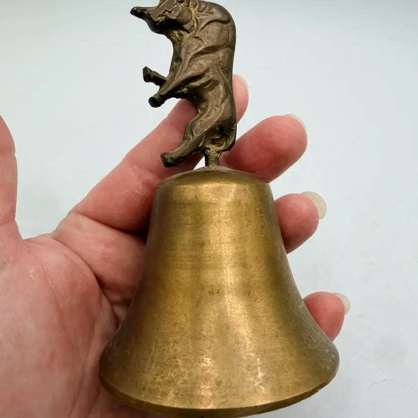 Vintage Solid Brass Hand Bell Rearing Bull Figural Handle Decorative Dinner