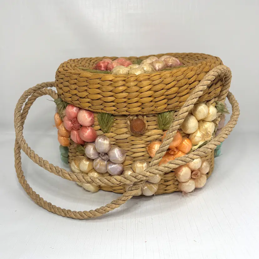 3D Cottagecore 1950s Straw Barrel Handbag Travel Purse Sewing Basket Vintage