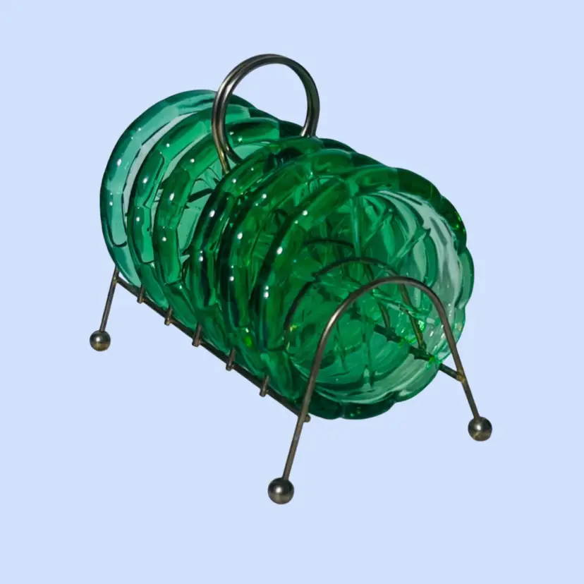 #403- Vintage Glass Coasters 6pc In Metal Caddy Emerald Green 1970s