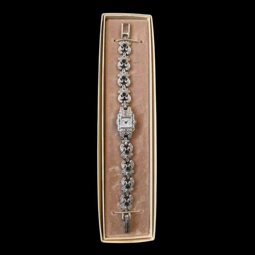 Vintage Art Deco Revival Pilar Nicol Marcasite Ladies Women Wrist Watch Quartz, New Org. Box, New Battery 7.5”