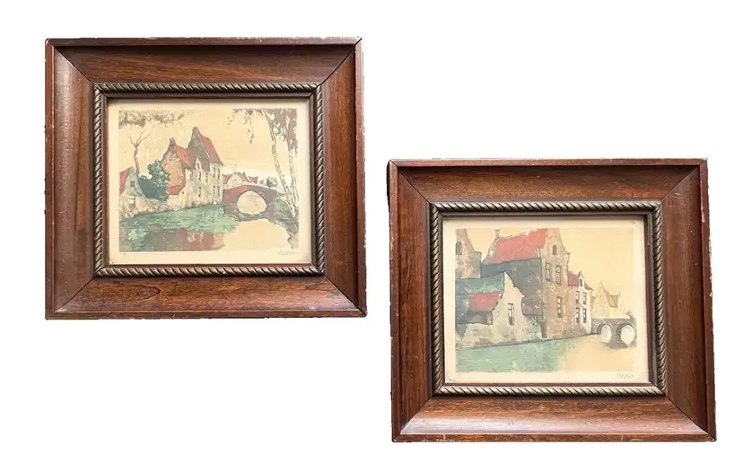 Framed Julien Celos Art Prints - Set of 2 Vintage Hand Colored Etchings Flemish Canal Landscapes - Rope Border Wood Frames