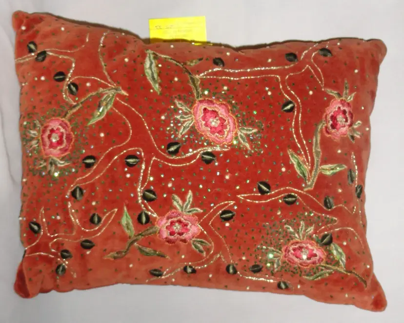 Villa by Noble Excellence Pillow ~ Velour Brick Red w/Flowers & Sequences