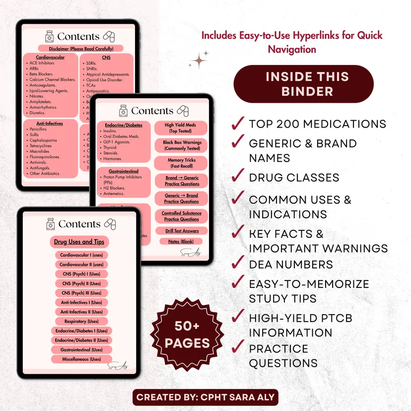 PTCB Top 200 Drugs Binder | Pharmtech Study Guide | Generic to Brand Names | DEA Schedules | Drug Uses (Digital Download)