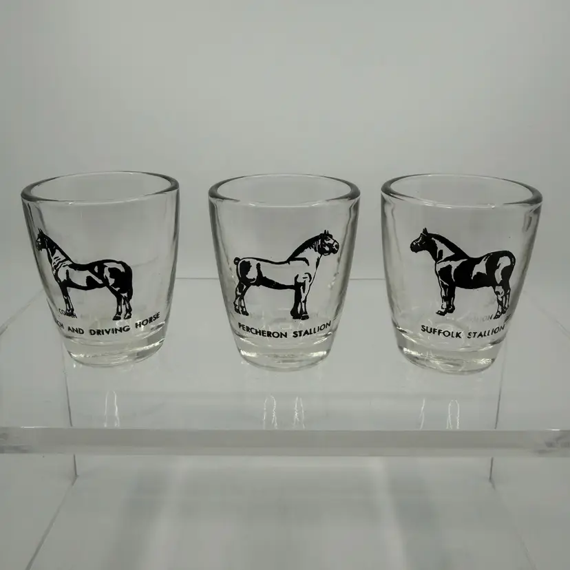 3 Vintage Hazel Atlas Horse Breed Shot Glasses Black Equines Graphics And Labels