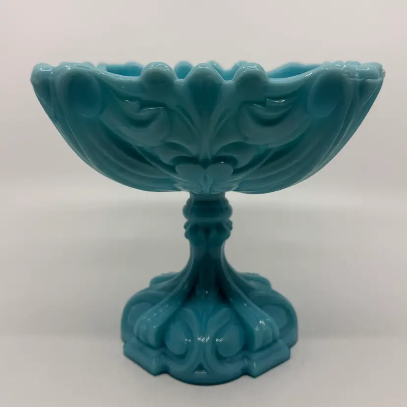 Vintage Portieux Vallerysthal Opaline Blue Pedestal Dish 6.5”