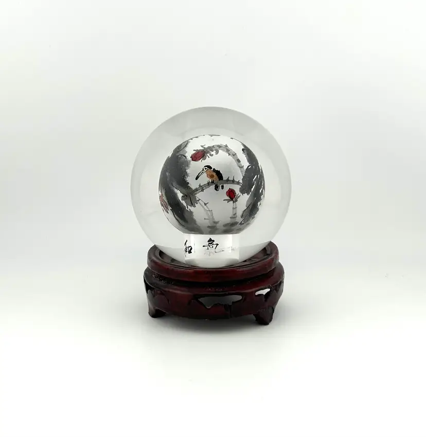 Vintage Chinese Reverse Painted Glass Ball/Paperweight 3”x 3.25”