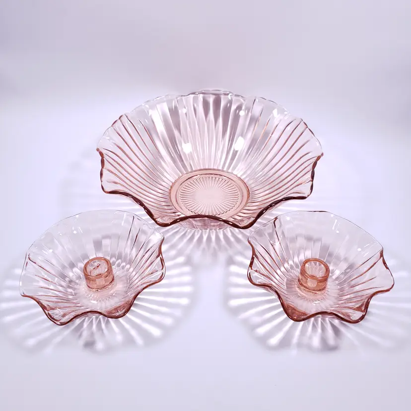 Vtg ANCHOR HOCKING Pink Glass Ribbed Ruffled CONSOLE BOWL & CANDLE HOLDER SET