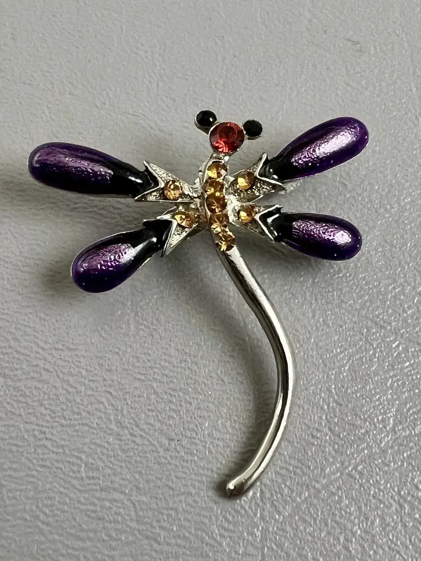 Dragonfly Brooch Pin Purple Enamel Amber Rhinestones Silver Tone Costume Jewelry