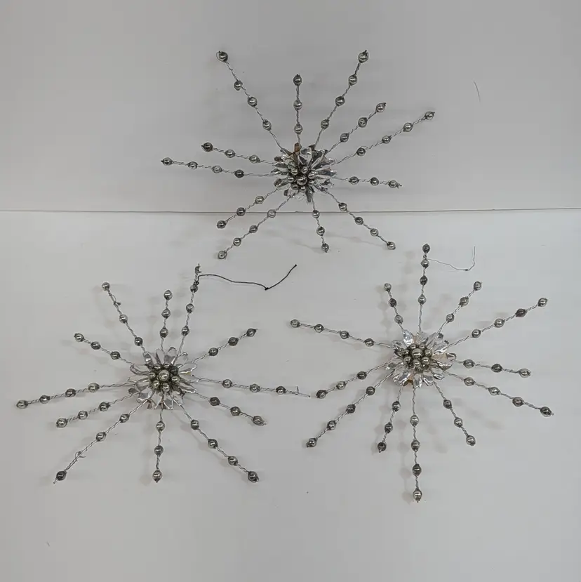 Vintage Silver Mercury Glass Bead Starburst Atomic Flower Ornaments Wire Wrapped