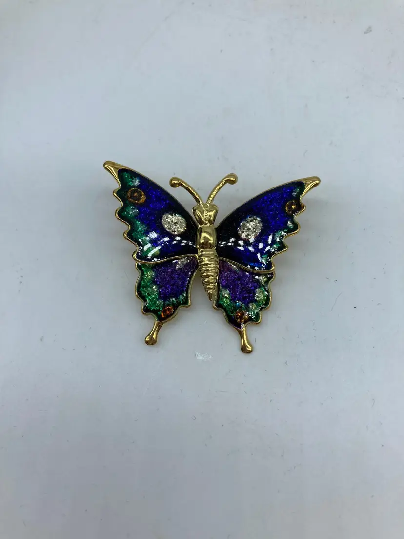 Vintage Butterfly Brooch, Purple Green Glitter Enamel Jewelry Pin - 1980s