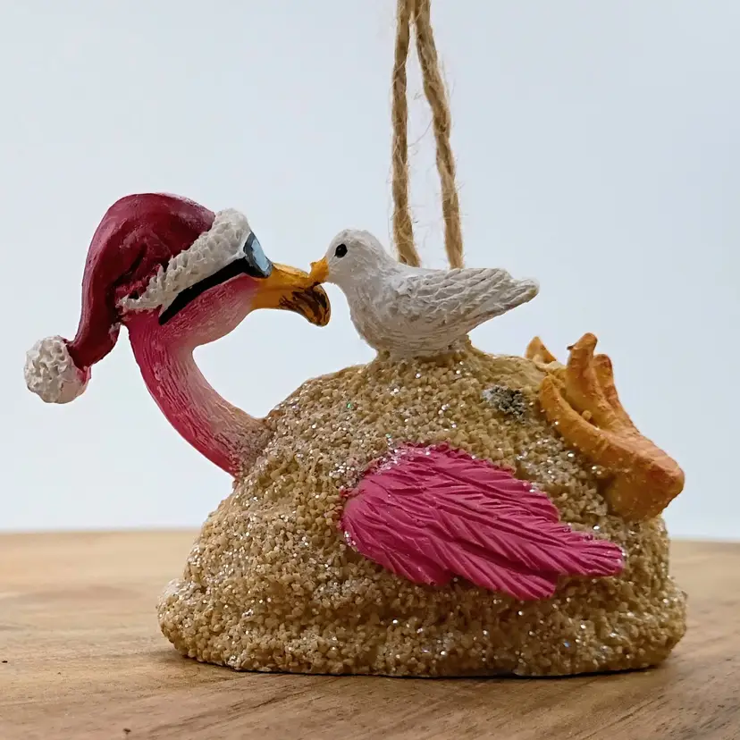 Connie N Randy Flamingo Buried in the Sand  with Seagull Christmas Ornament.