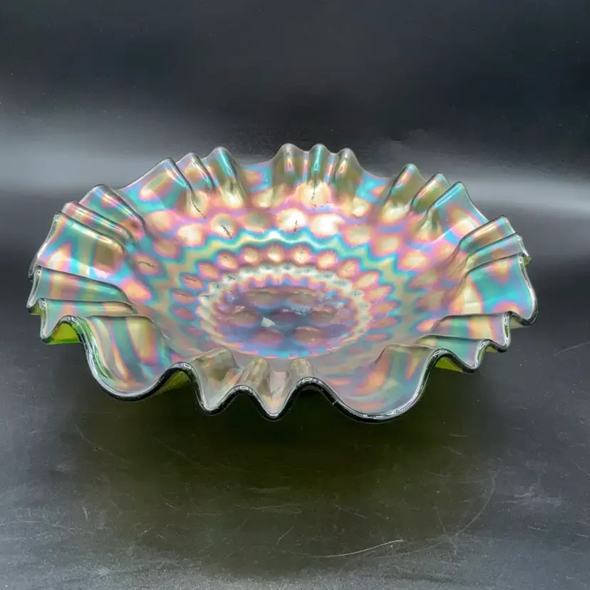 Fenton Emerald Carnival Glass Stipled Coin Dot Bowl