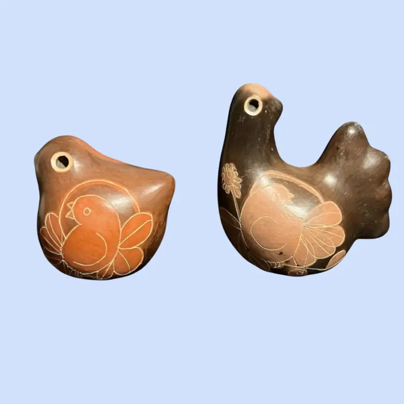 #444- Vintage Pottery Birds Handcrafted Folk Art Artisan Signed Redware Terra Cotta 
Taller Pomaire, Chile