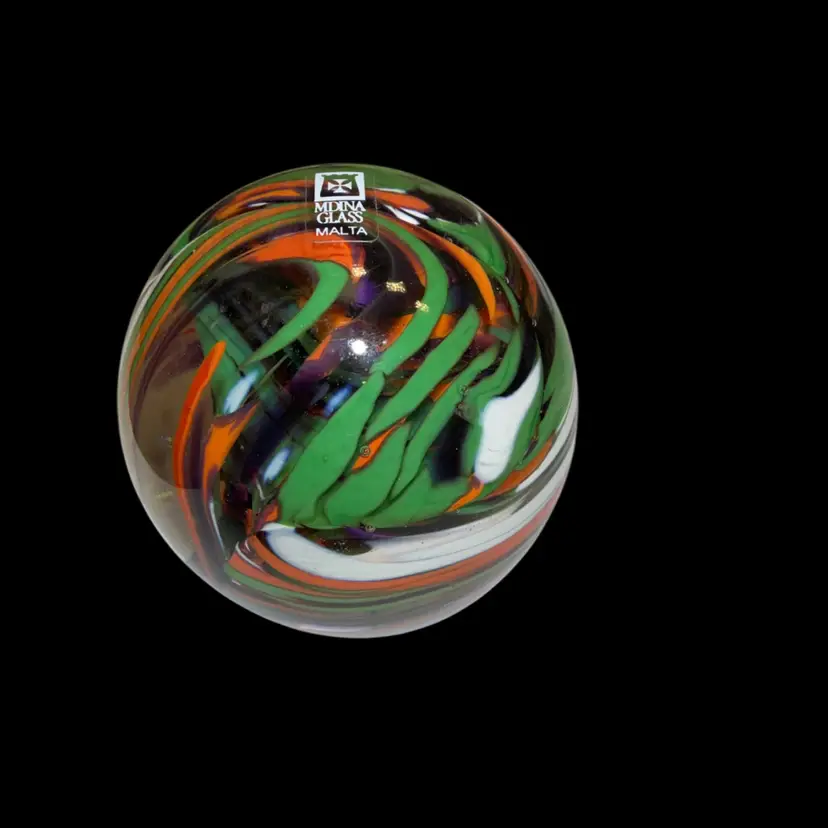 Mdina Art Glass Paperweight In Orange, Green, White And Black Swirls