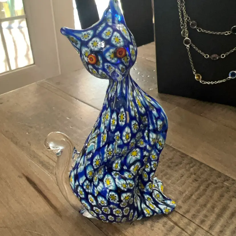 4” vintage Unknown Origins Millefiori glass cat figurine with orange eyes.