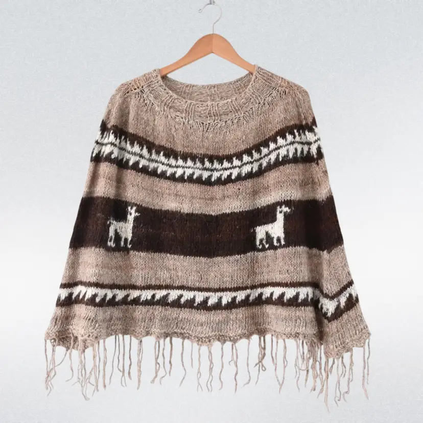 Vintage Handmade Brown Alpaca Fringe Poncho