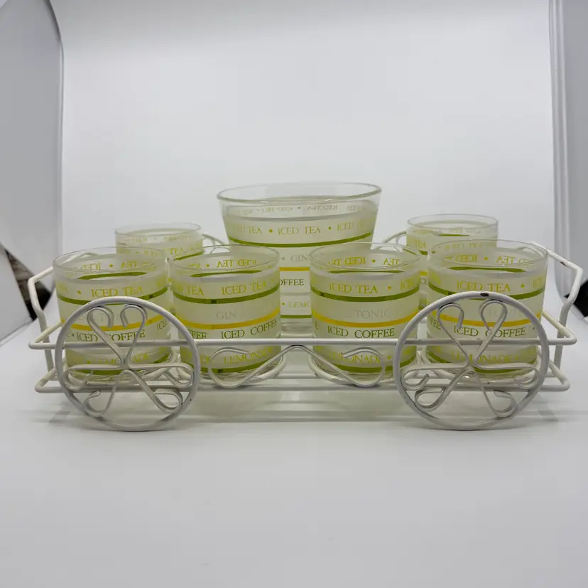 Vintage 6 MCM Frosted Culver Gin&Tonic Glasses Ice Bucket W Metal Cart Caddy