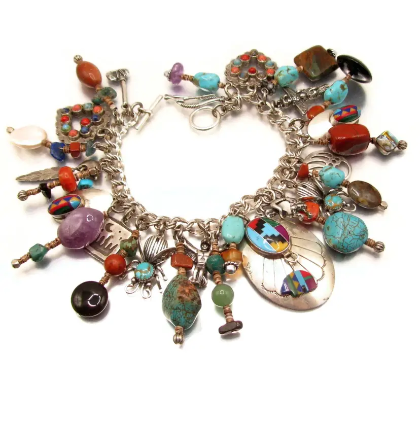 NATIVE AMERICAN Inspired Sterling Charm Bracelet 29 Charms Stone Beads Turquoise