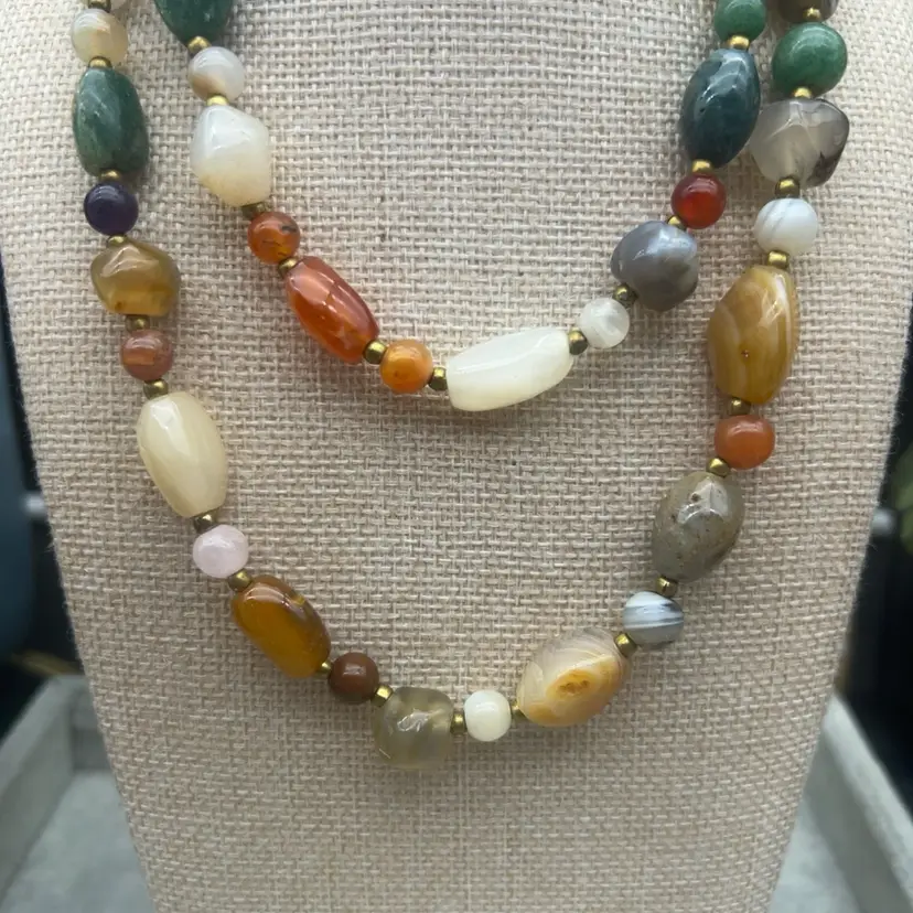 #01 Long Mixed Natural Gemstone Bead Necklace Agate Carnelian Aventurine 34”