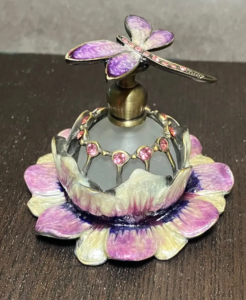 Glass Perfume Bottle Purple Dragonfly Topper Enameled Jeweled Brass Base