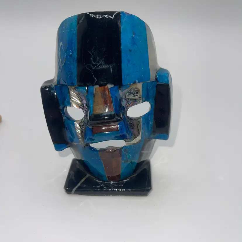 04-Handcrafted Mayan Aztec Death Mask – Mother of Pearl/Abalone on Stand 4”