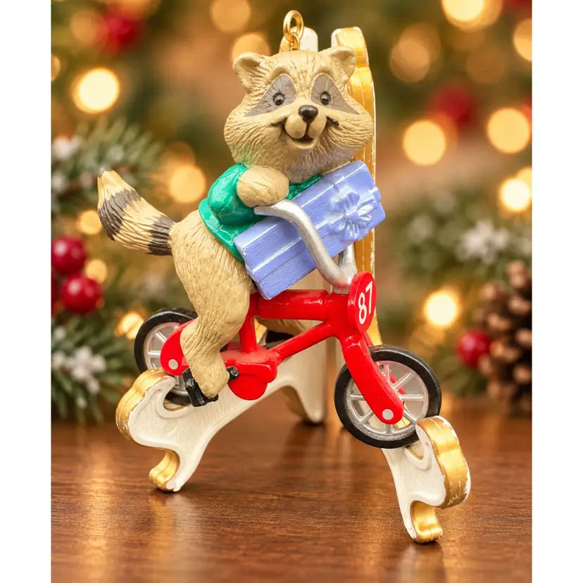 1987 Raccoon Biker Hallmark Ornament, a vintage Christmas decoration designed by Bob Siedler