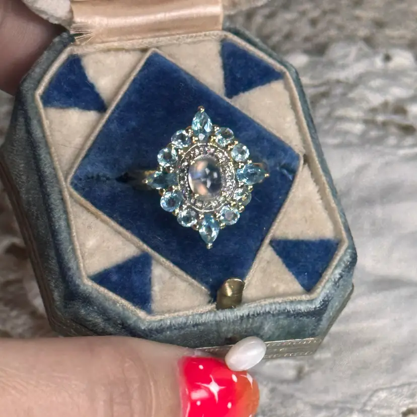 Vermeil Sterling Silver Rainbow Moonstone blue gemstone Ring size 9.25