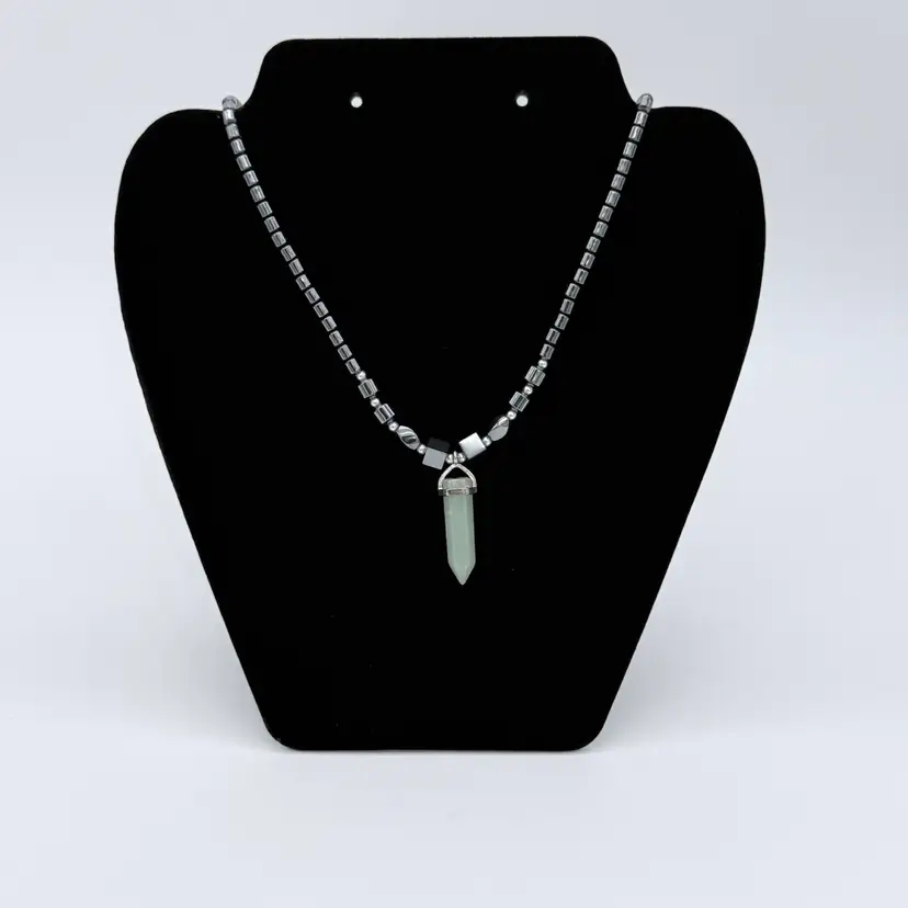 Vtg. Gunmetal Hematite Unisex Necklace With Sage Green Aventurine Pendant 17”