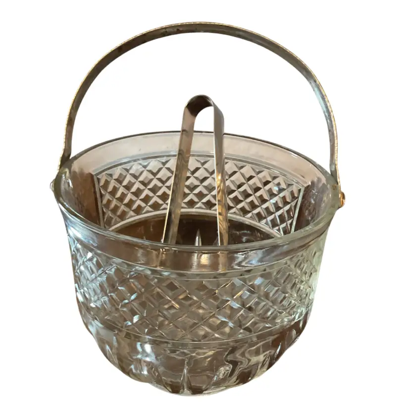 MCM GLASS ICE BUCKET WITH HAMMERED SILVER HANDLE