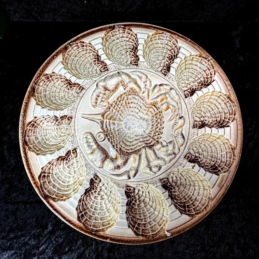 Vintage Sarreguemines France Majolica Oyster Platter Seafood Fish 15" A1042