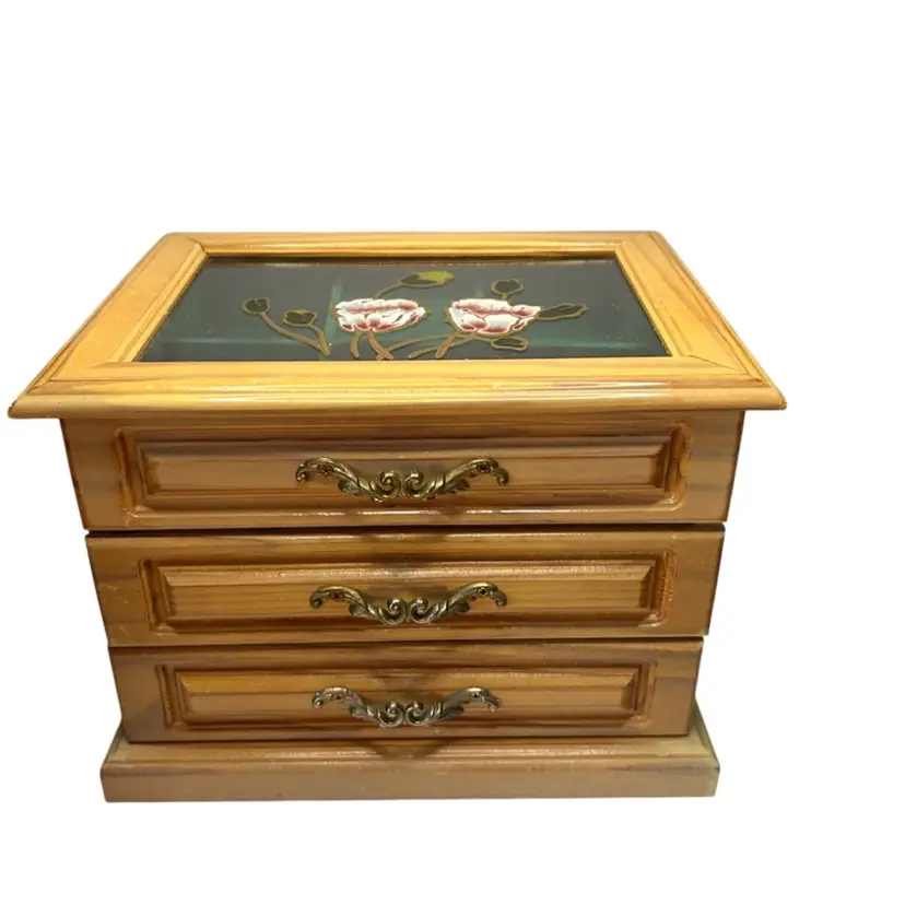 Vintage Mele Wooden Two Drawer Lift Too Glass With Painted Floral Green Interior 
7x9 1/4x7”