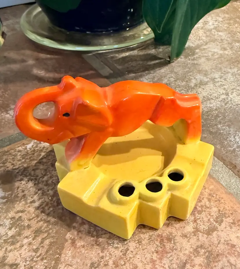 Vintage Made in Japan Orange Elephant Ashtray & Cigarette Holder