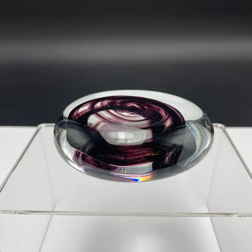 Blown Glass Purple Swirl Disk Paperweight Office Desk Decor
