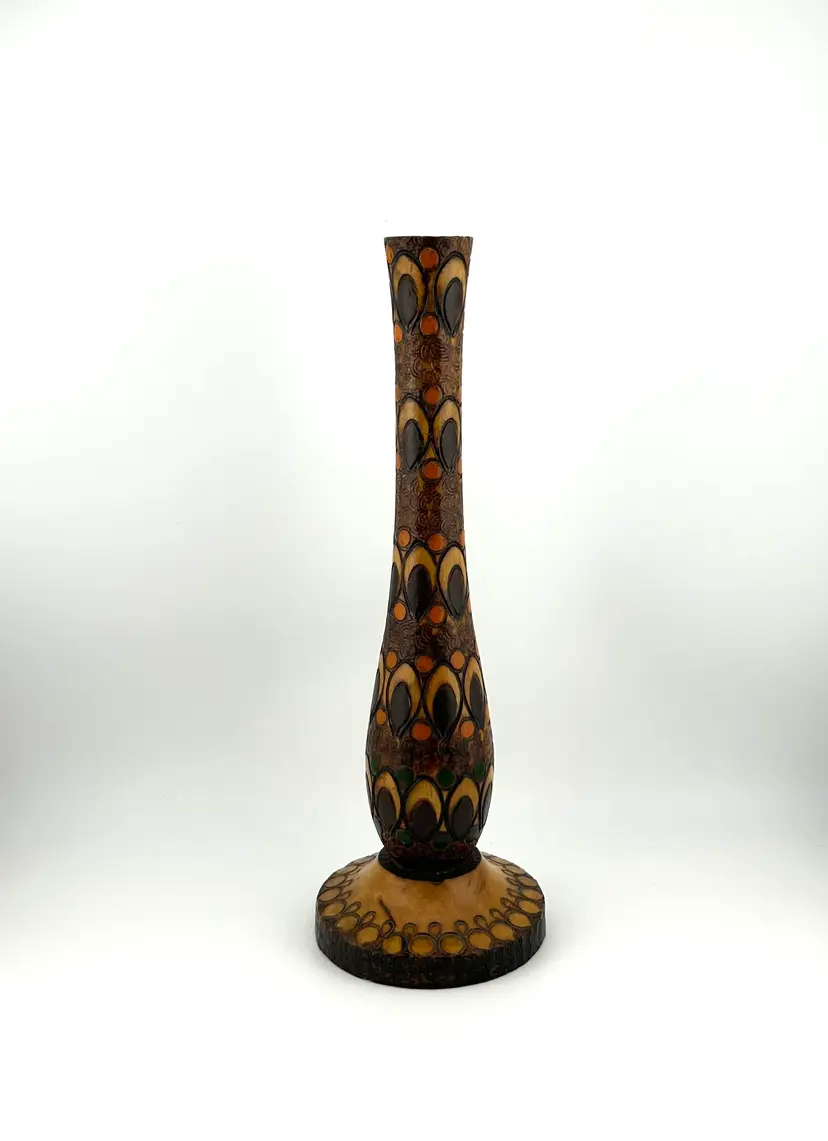 Hand Carved Polish Folk Art Wooden Vase 3.25”x 9.5”