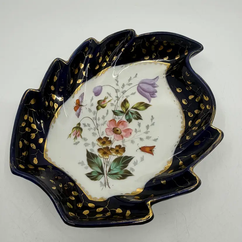 Vintage Limoges -German? Heart-Shaped Leaf Dish Cobalt Florals Gold Gilt 7”